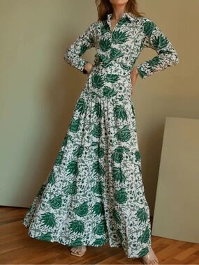 Guadalupe Design Meredith Green Floral Block Print Long Sleeve Maxi Dress Small